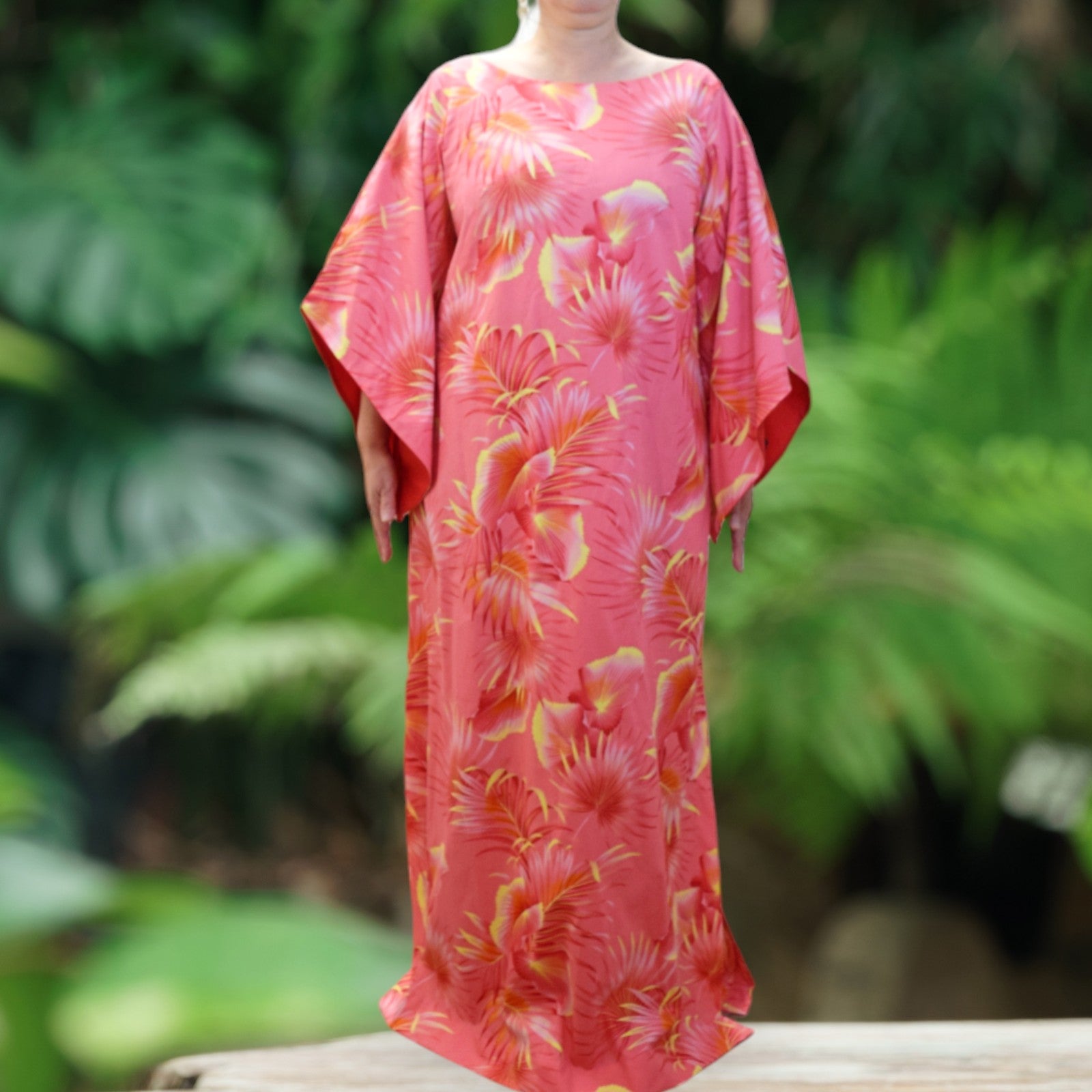 Kimono-Sleeve-Hawaiian-Dress-With-Slit-Design-Peach