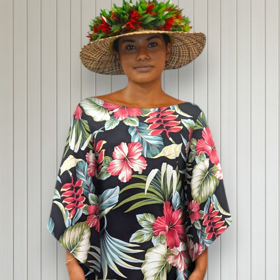 Kimono Sleeve Hawaiian Dress – Black Hibiscus & Heliconia Floral