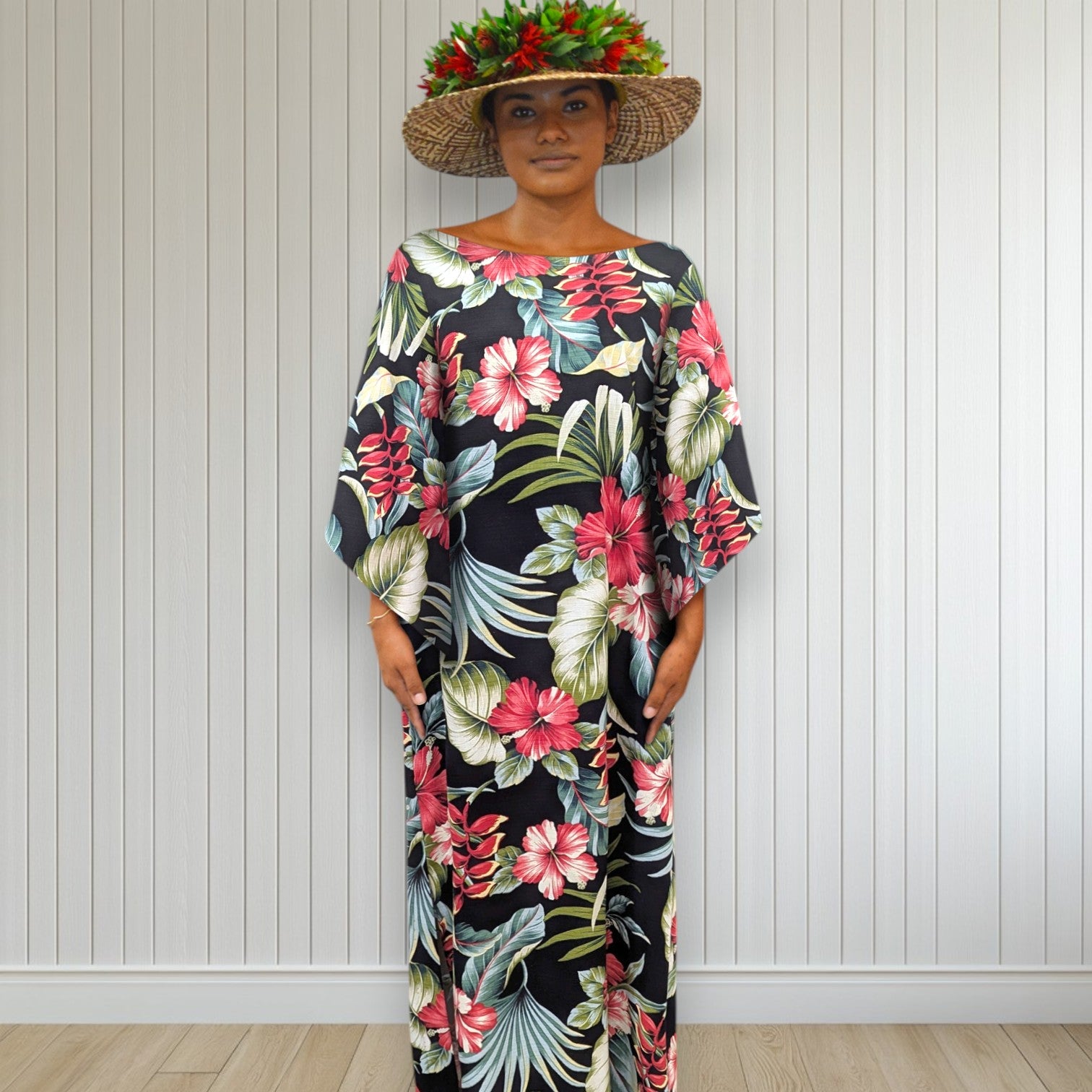 Kimono Sleeve Hawaiian Dress Black Hibiscus Heliconia