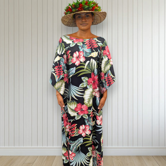 Kimono Sleeve Hawaiian Dress Black Hibiscus Heliconia