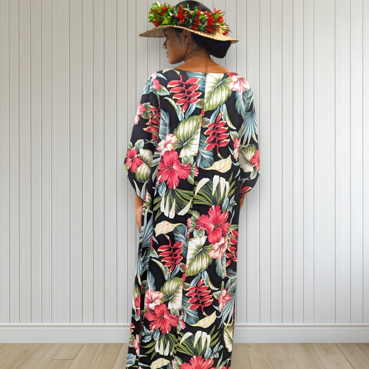 Kimono Sleeve Hawaiian Dress Black Hibiscus Heliconia