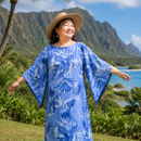Kimono Sleeve Hawaiian Dress With Slit Design - Blue Fan Palm Leaf 2656-1