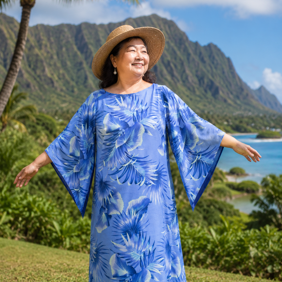Kimono Sleeve Hawaiian Dress With Slit Design - Blue Fan Palm Leaf 2656