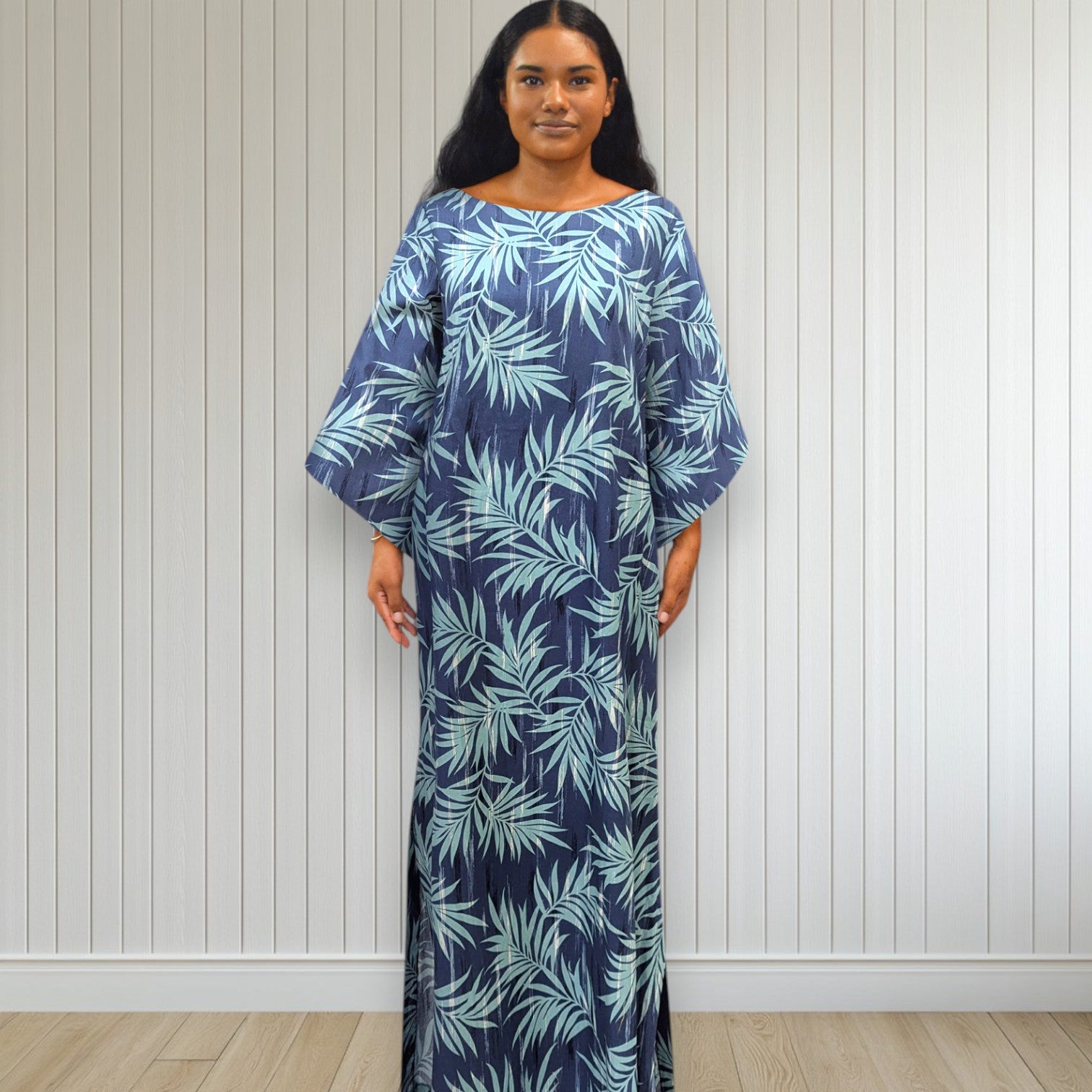 Kimono Sleeve Hawaiian Dress With Slit Design - Blue Palm Leaf 2656 | Muumuu Mall by Muumuu Rainbow Kimono Sleeve Hawaiian Dress With Slit Design - Blue Palm Leaf 2656 | Muumuu Mall by Muumuu Rainbow