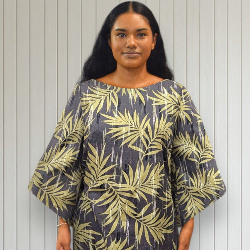 Kimono Sleeve Hawaiian Dress With Slit Design - Charcoal Gray Palm Lea | Muumuu Mall by Muumuu Rainbow Kimono Sleeve Hawaiian Dress With Slit Design - Charcoal Gray Palm Lea | Muumuu Mall by Muumuu Rainbow