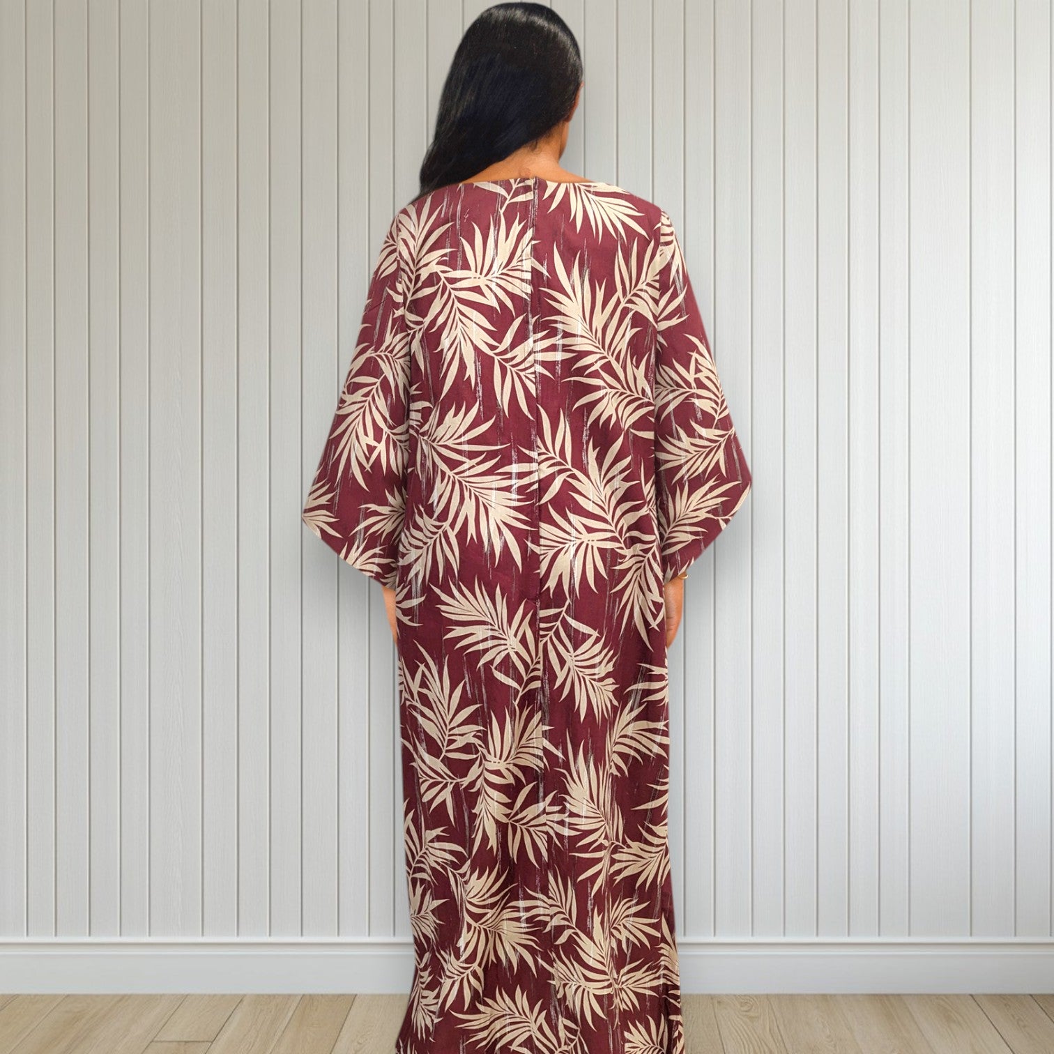 Kimono Sleeve Hawaiian Dress With Slit Design - Maroon Palm Leaf S(6) Kimono Sleeve Hawaiian Dress With Slit Design - Maroon Palm Leaf S(6)