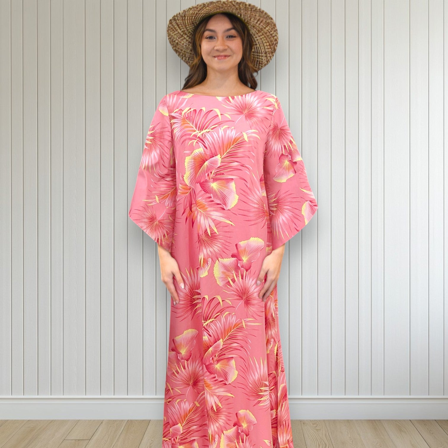 Peach Fan Palm Kimono Sleeve Hawaiian Dress Elegant Island Style Made in Hawaii L(12) Peach Fan Palm Kimono Sleeve Hawaiian Dress Elegant Island Style Made in Hawaii L(12)