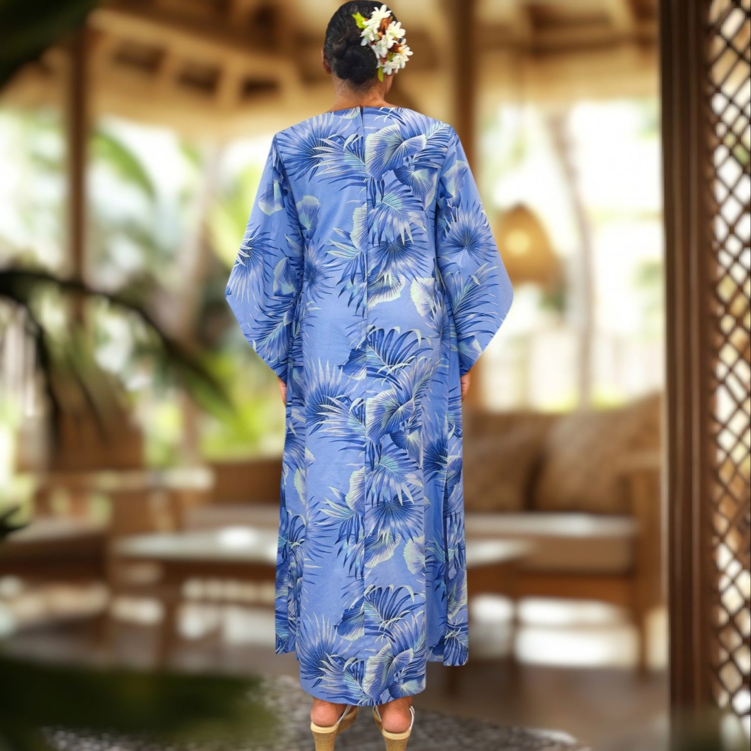 Kimono-Sleeve-Hawaiian-Dress-With-Slit-Design-Blue