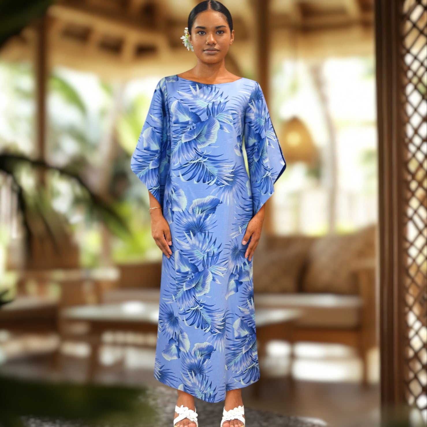 Kimono-Sleeve-Hawaiian-Dress-With-Slit-Design-Blue