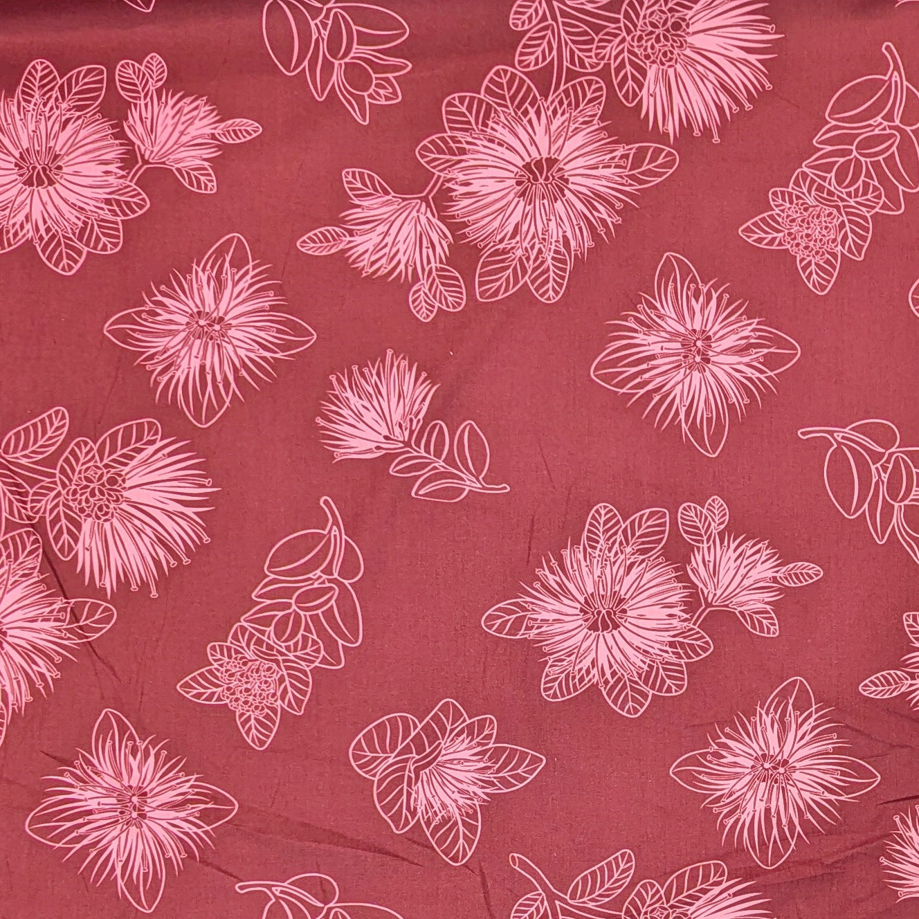 Light Maroon Hawaiian Fabric with Ohia Flower Print