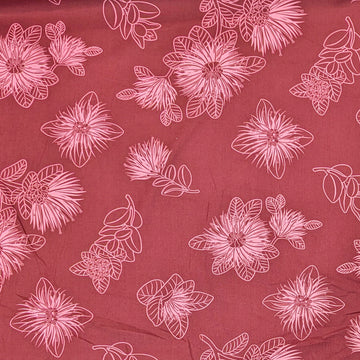 Maroon Hawaiian Fabric with Ohia Flower Print