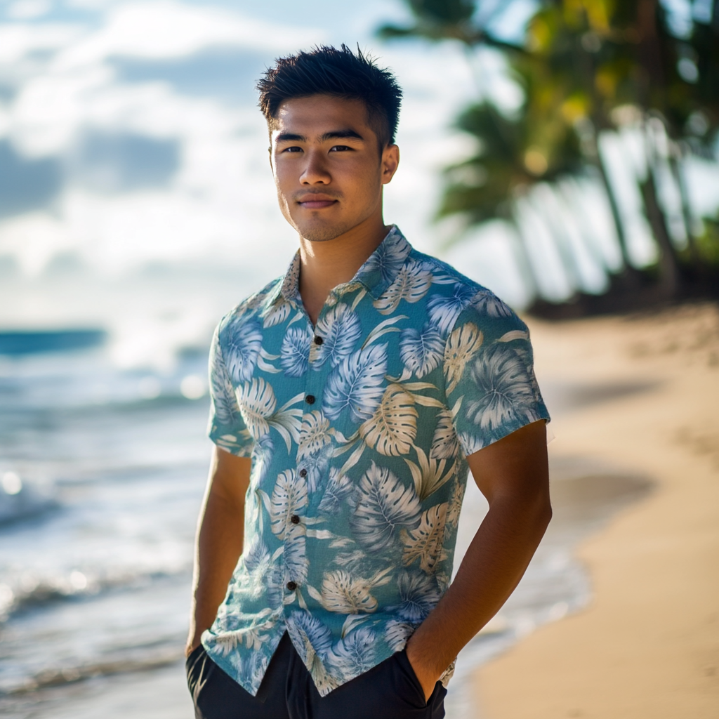 Light Green Leafy Print Hawaiian Shirt