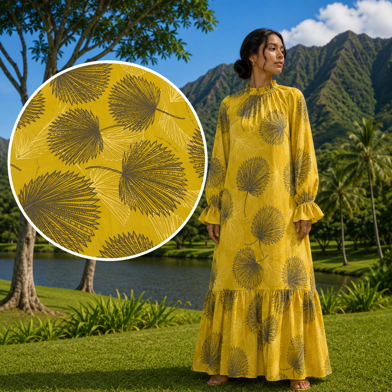 Long Sleeve Hawaiian Maxi Dress – High Neck & Ruffled Cuffs, Loulu Palm Leaf – PK Original Print Yellow / L/XL