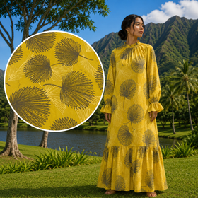Buy yellow Long Sleeve Hawaiian Maxi Dress – High Neck &amp; Ruffled Cuffs, Loulu Palm Leaf – PK Original Print