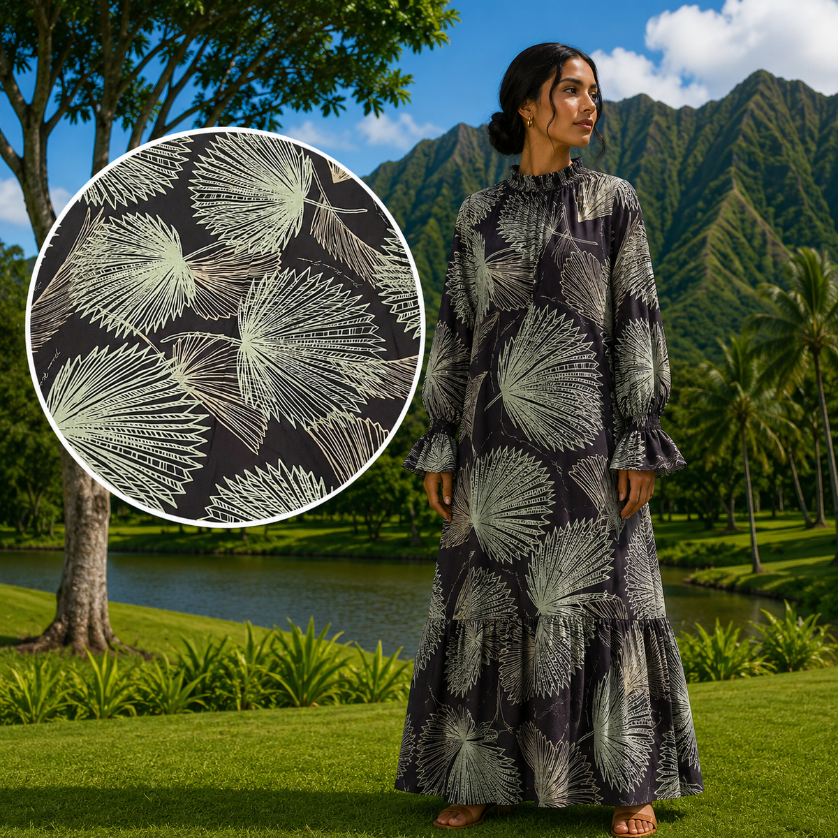 hawaiian maxi dress with sleeves Long Sleeve – High Neck & Ruffled Cuffs, Loulu Palm Leaf – PK Original Print Black × Green / L/XL date night glam Long Formal Slit Corset this breathable Shoe Size (UK):11.5
