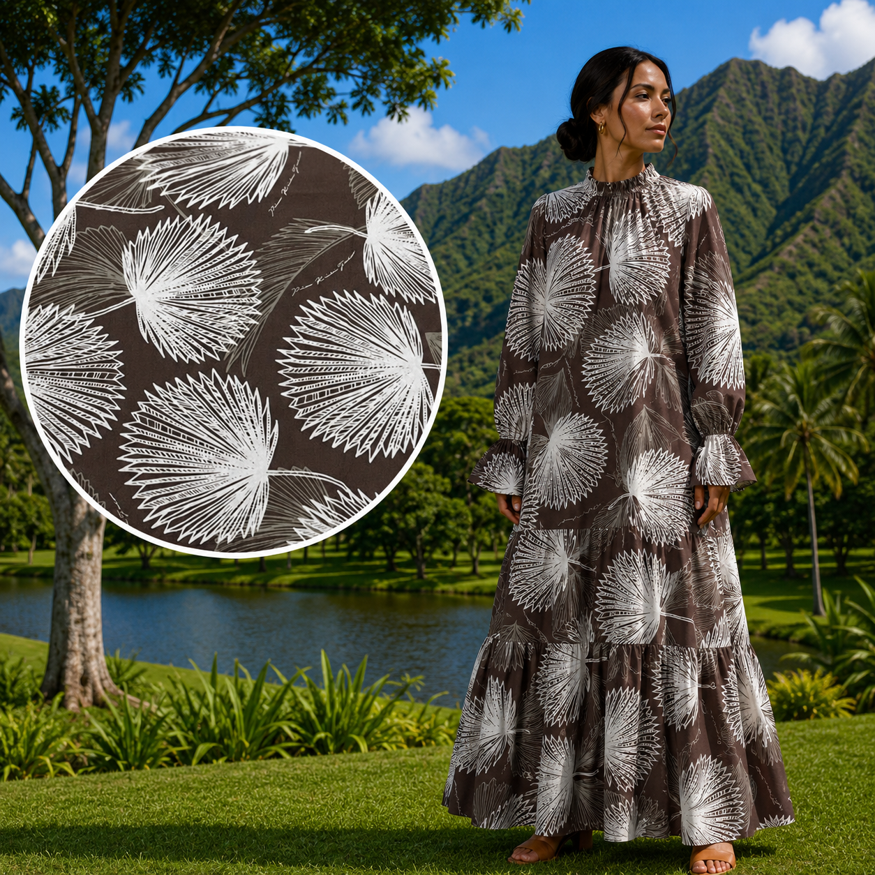 Long Sleeve Hawaiian Maxi Dress – High Neck & Ruffled Cuffs, Loulu Palm Leaf – PK Original Print Brown × White / M/L