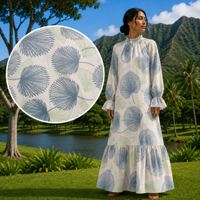Buy light-blue Long Sleeve Hawaiian Maxi Dress – High Neck &amp; Ruffled Cuffs, Loulu Palm Leaf – PK Original Print