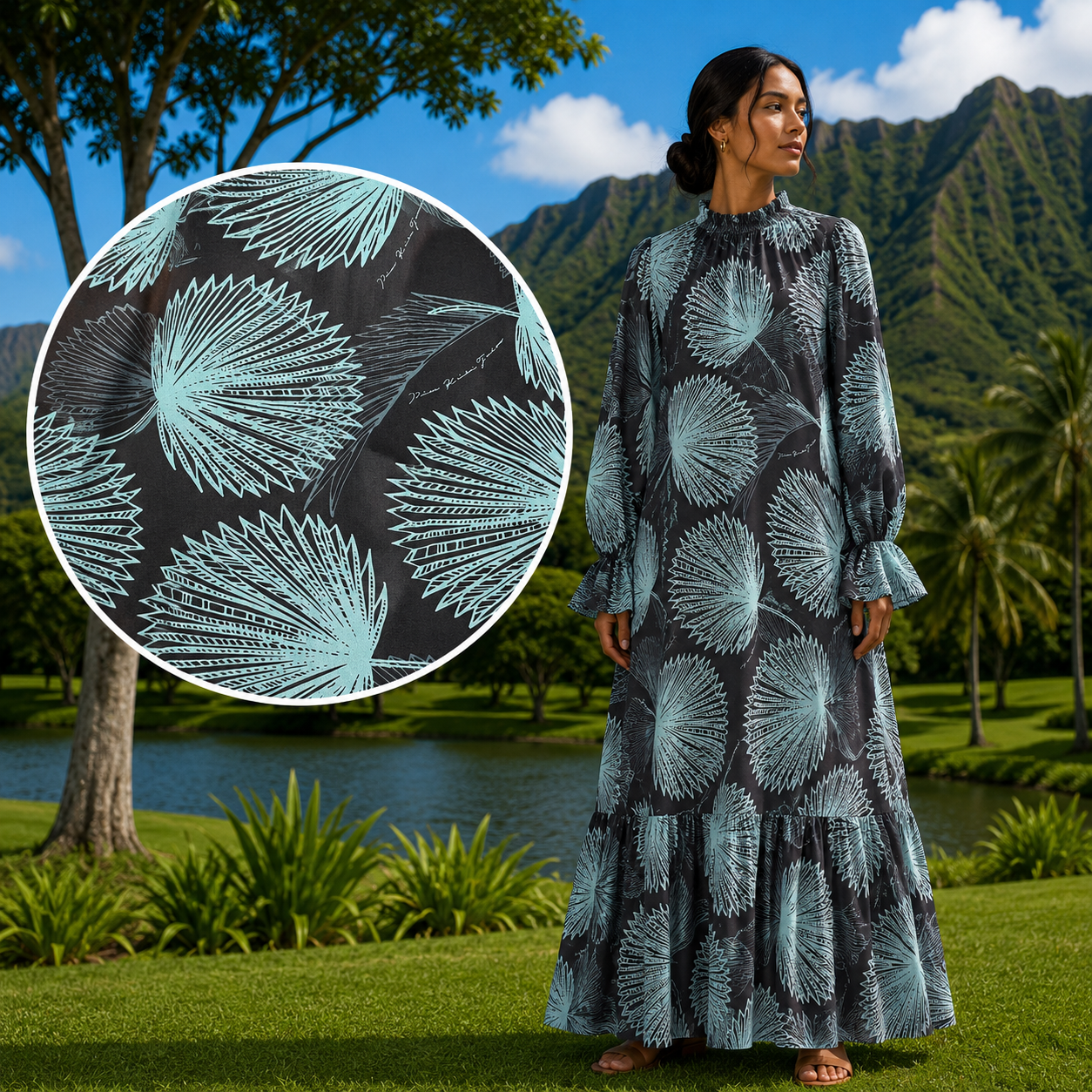 Long Sleeve Hawaiian Maxi Dress – High Neck & Ruffled Cuffs, Loulu Palm Leaf – PK Original Print Blue × Navy / M/L