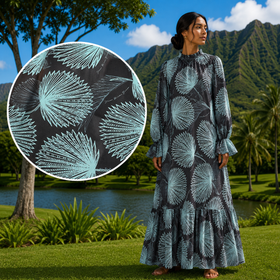 Buy blue-navy Long Sleeve Hawaiian Maxi Dress – High Neck &amp; Ruffled Cuffs, Loulu Palm Leaf – PK Original Print
