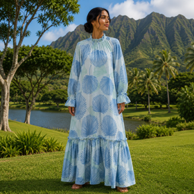Long Sleeve Hawaiian Maxi Dress – High Neck & Ruffled Cuffs, Loulu Palm Leaf – PK Original Print - 0