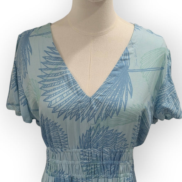 Women’s V-Neck Rayon Dress with Smocked Bodice and Ruffle Sleeves in Loulu Palm Leaf – PK Original Print