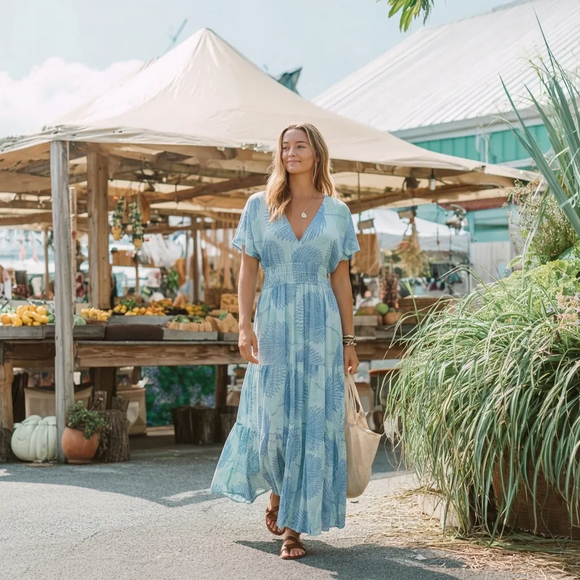 Women’s V-Neck Rayon Dress with Smocked Bodice and Ruffle Sleeves in Loulu Palm Leaf – PK Original Print