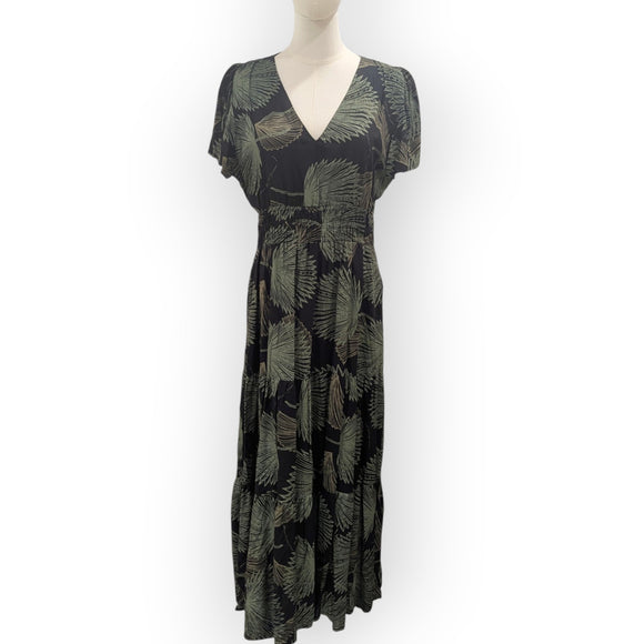 Women’s V-Neck Rayon Dress with Smocked Bodice and Ruffle Sleeves in Loulu Palm Leaf – PK Original Print