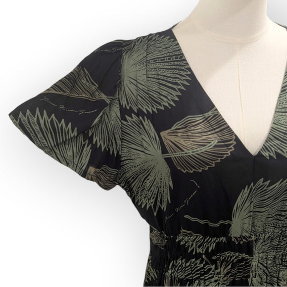 Women’s V-Neck Rayon Dress with Smocked Bodice and Ruffle Sleeves in Loulu Palm Leaf – PK Original Print
