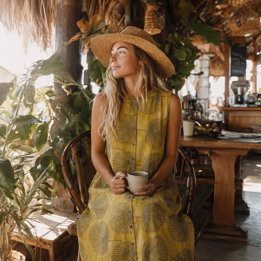 Rayon Shirt Dress with Pockets in Loulu Palm Leaf – PK Original Print (Mid-Calf Length) Yellow / L/XL