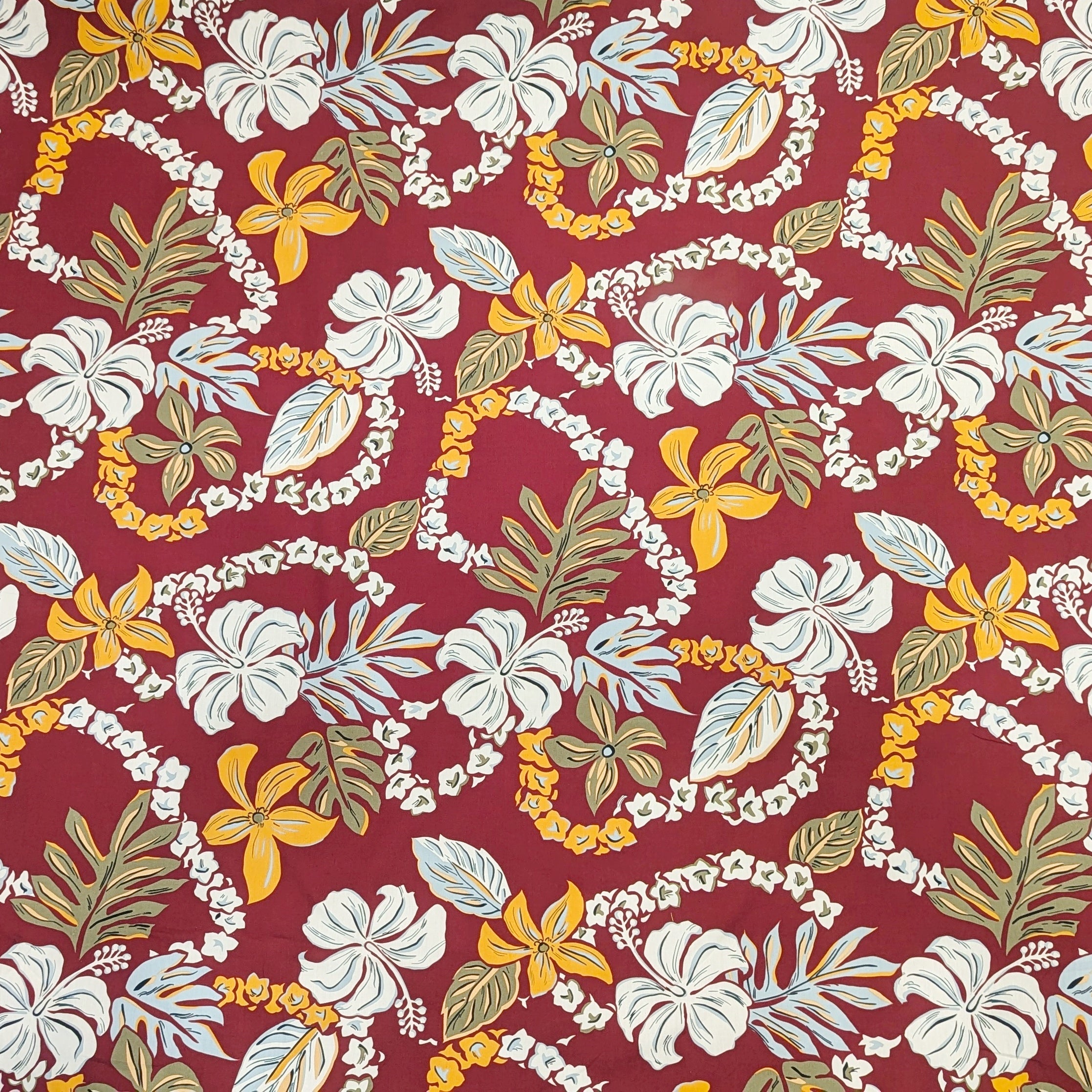 MaroonHawaiianFabricwithFlowerLei