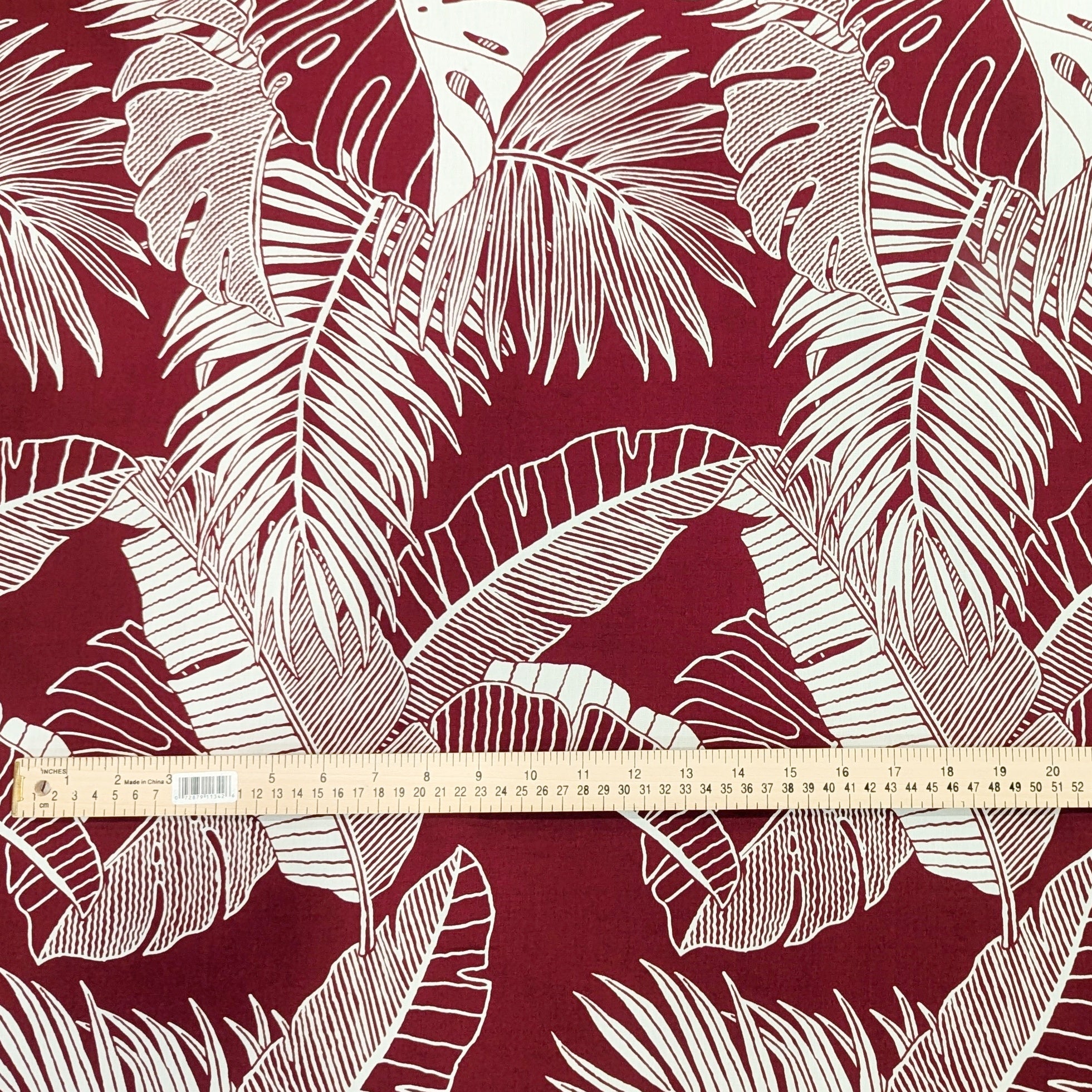 Maroon Hawaiian Fabric with Monstera, Fern, and Banana Leaf Print, Polycotton Blend - 0