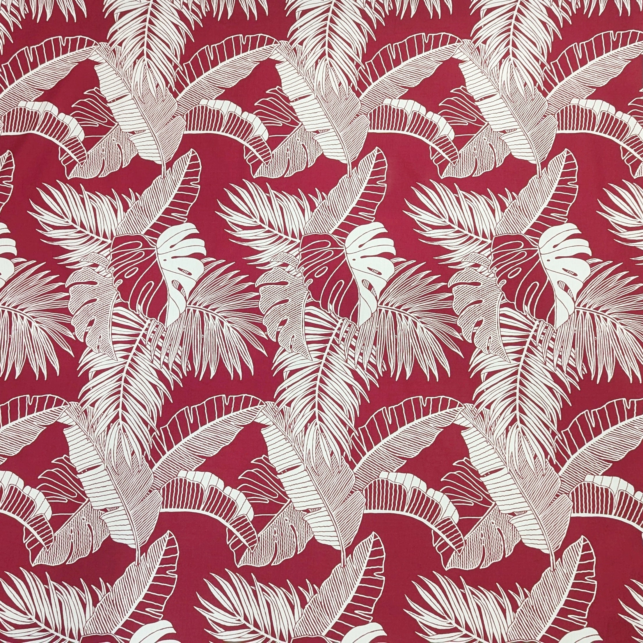 Maroon Hawaiian Fabric with Monstera, Fern, and Banana Leaf Print, Polycotton Blend