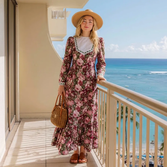 Maroon Rose Cottagecore Vintage Revival Hawaiian Dress