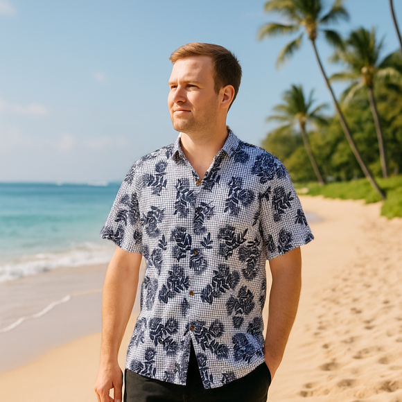 Mens Aloha Shirt Hand Printed Dark Navy