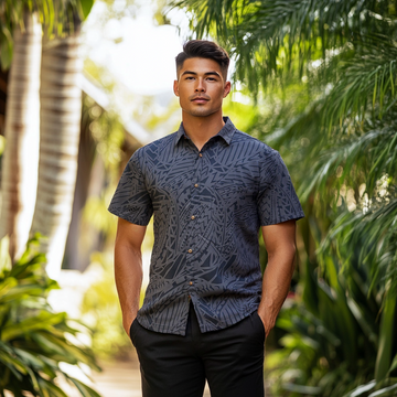 Mens Aloha Shirt Tribal in Charcoal