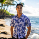 Mens Aloha Shirt l Hand Printed Blue Ohia Lehua on Lavender Gingham - 018-1
