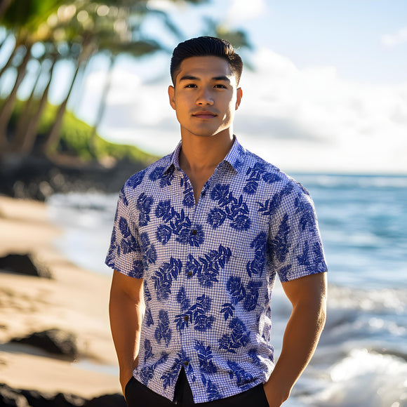 Mens Aloha Shirt l Hand Printed Blue Ohia Lehua on Lavender Gingham - 018