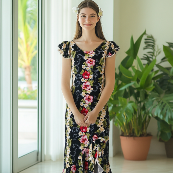Mid Length Muumuu Hawaiian Dress Black Hibiscus