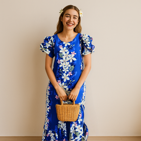 Mid Length Muumuu Hawaiian Dress Blue Ribbon