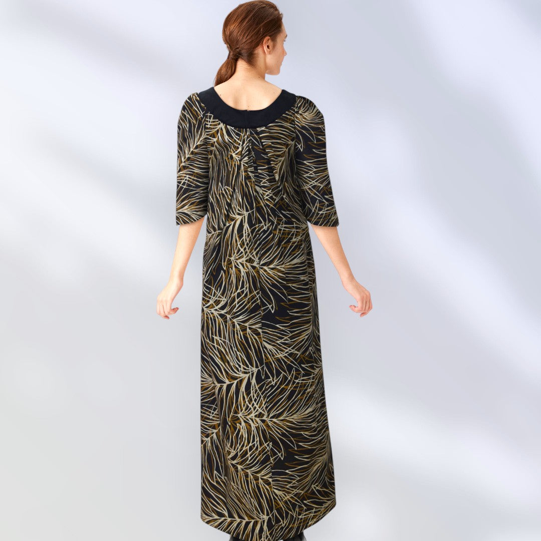 ☆Midnight Bloom Muumuu Dress with Brown Leaf Print and Black Collar / MR144