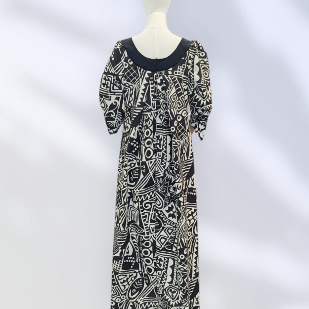 Midnight Bloom Muumuu Dress with Brown Leaf Print and Black Collar / MR144