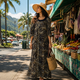 Midnight Bloom Muumuu Dress with Brown Leaf Print and Black Collar / MR144