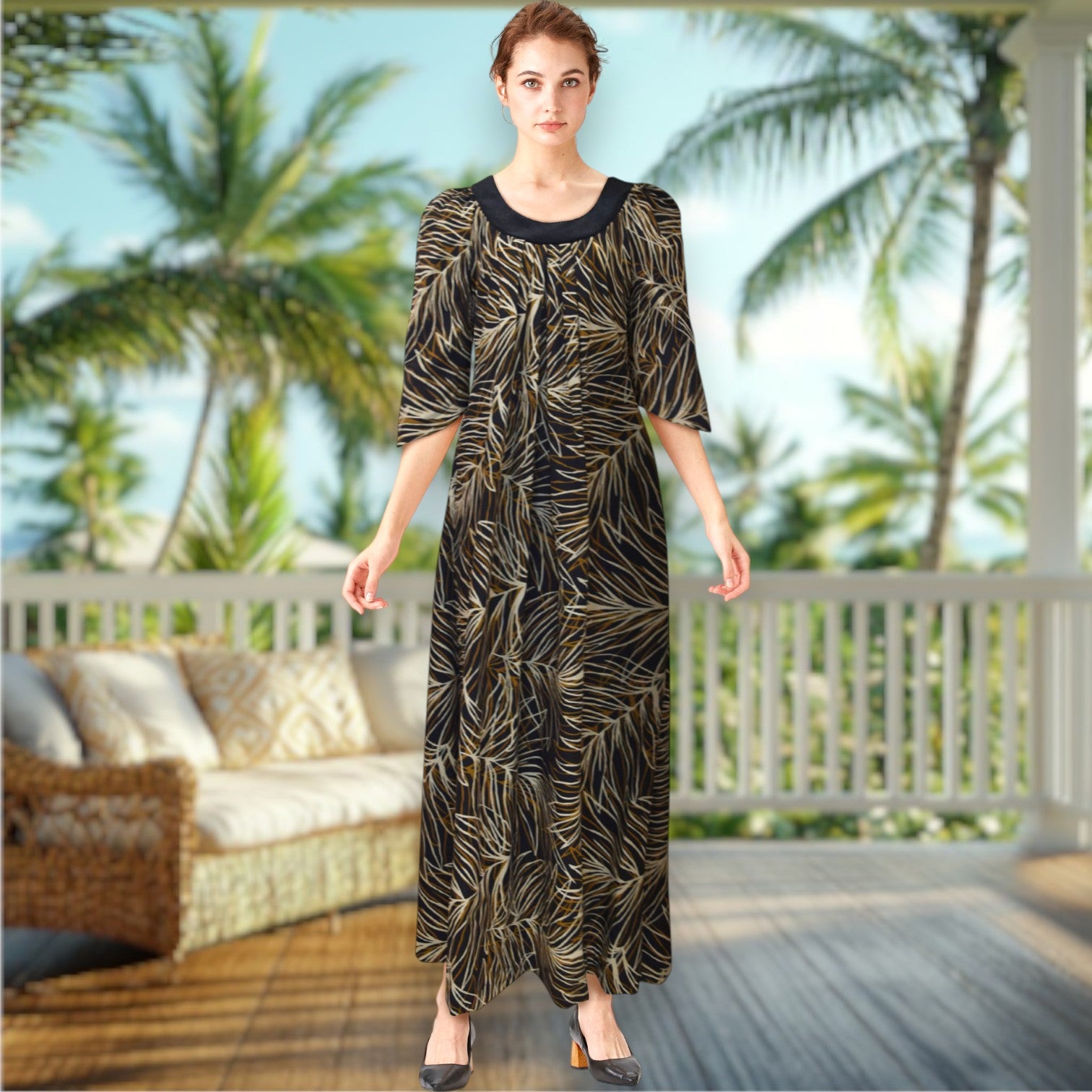 Midnight Bloom Muumuu Dress with Brown Leaf Print and Black Collar / MR144