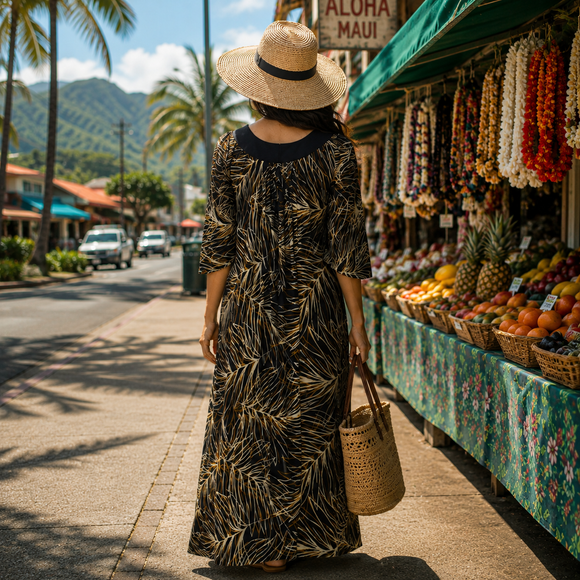 Midnight Bloom Muumuu Dress with Brown Leaf Print and Black Collar / MR144