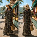 Midnight Bloom Muumuu Dress with Brown Leaf Print and Black Collar / MR144-3