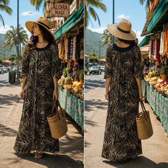 Midnight Bloom Muumuu Dress with Brown Leaf Print and Black Collar / MR144
