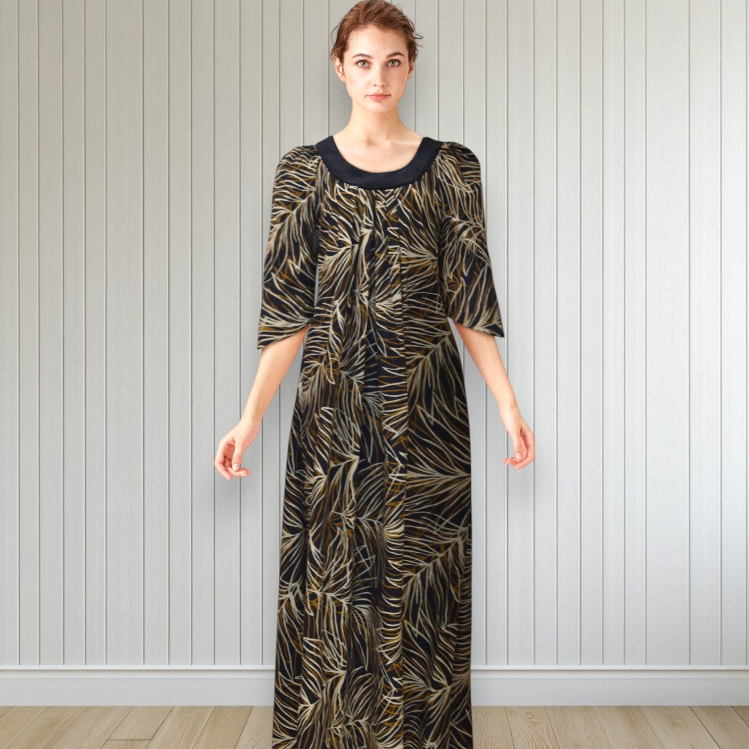 Midnight Bloom Muumuu Dress with Brown Leaf Print and Black Collar / MR144 M Midnight Bloom Muumuu Dress with Brown Leaf Print and Black Collar / MR144 M