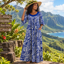 Midnight Blue Tapa Muumuu Dress with Velvet Collar / MR144-1