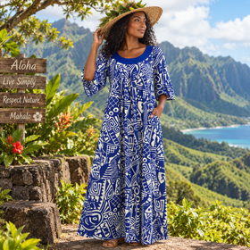 Midnight Blue Tapa Muumuu Dress with Velvet Collar / MR144