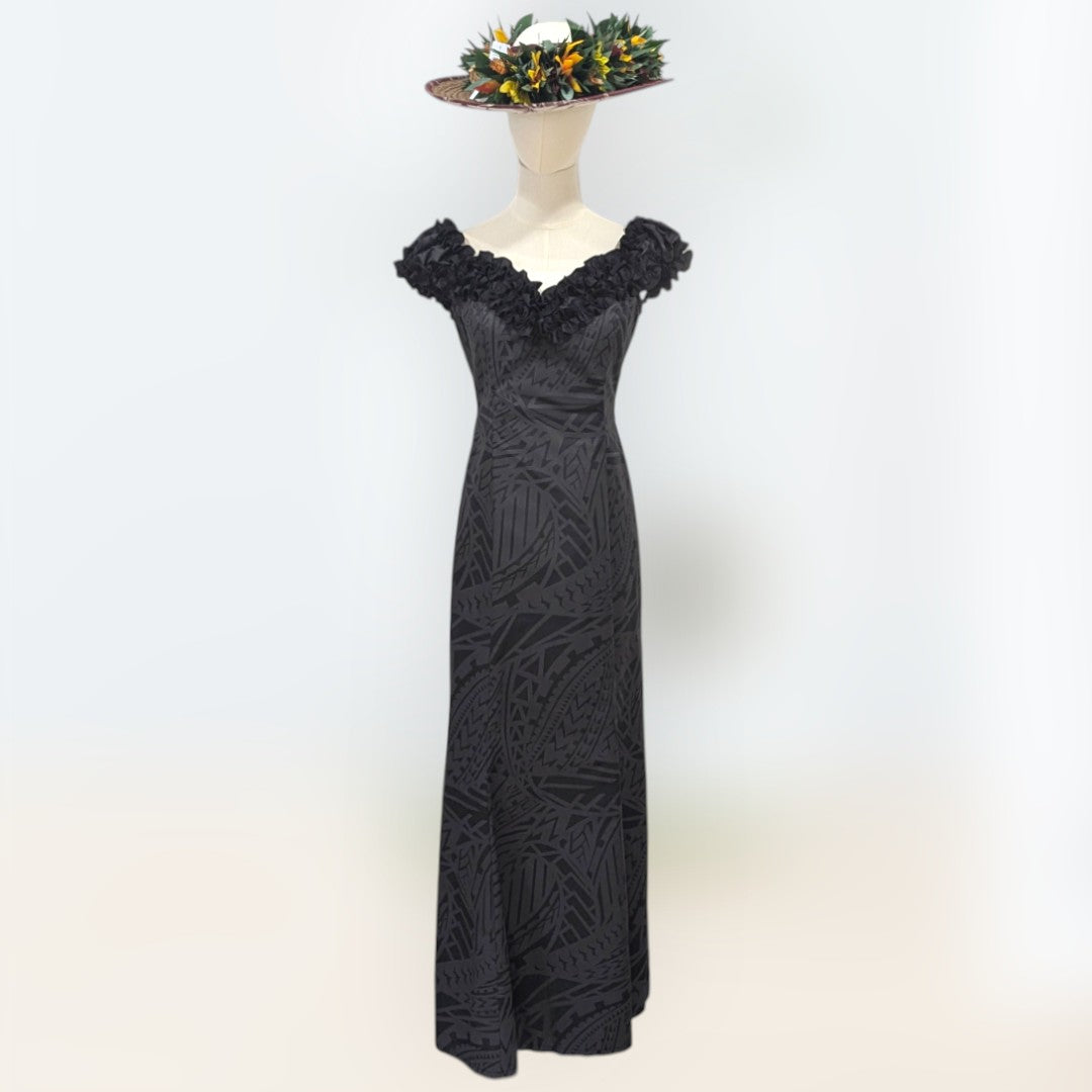 black hawaiian dress Midnight Black Tapa Hawaiian Dress with Baby Ruffle Neckline & Tribal